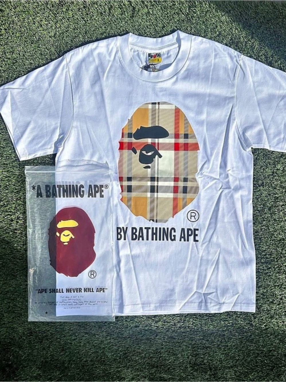 A Bathing Ape BAPE Check Big Ape Head Tee White & Beige